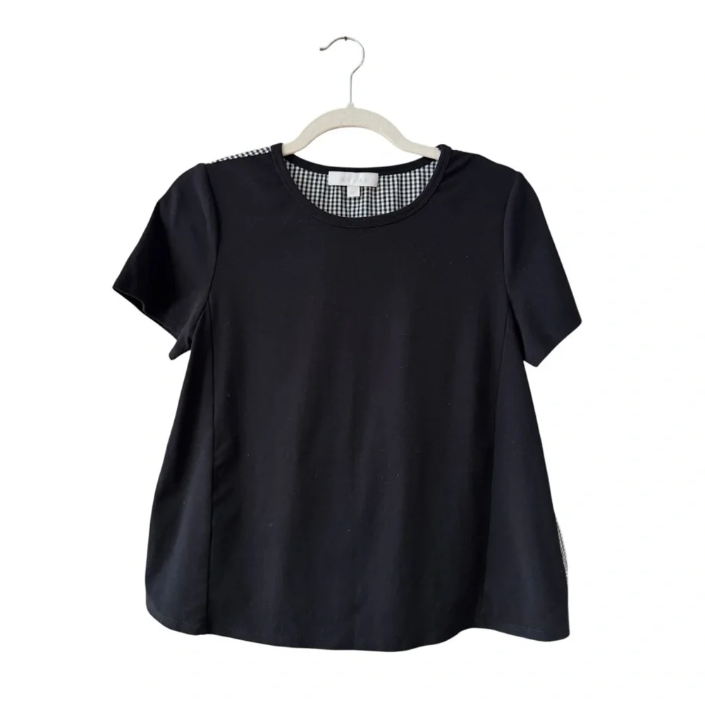 Eri +‎ Ali Gingham Back Peplum Top Black Tee Anthropologie XS - Picture 2 of 12